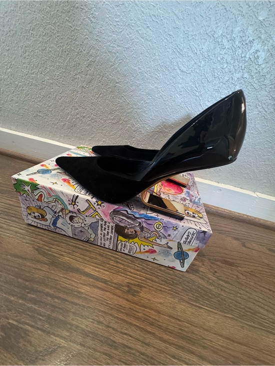 Jeffrey Campbell Shoes - Jeffrey Campbell Black Pointed Pumps with Gold Accent Block Heel